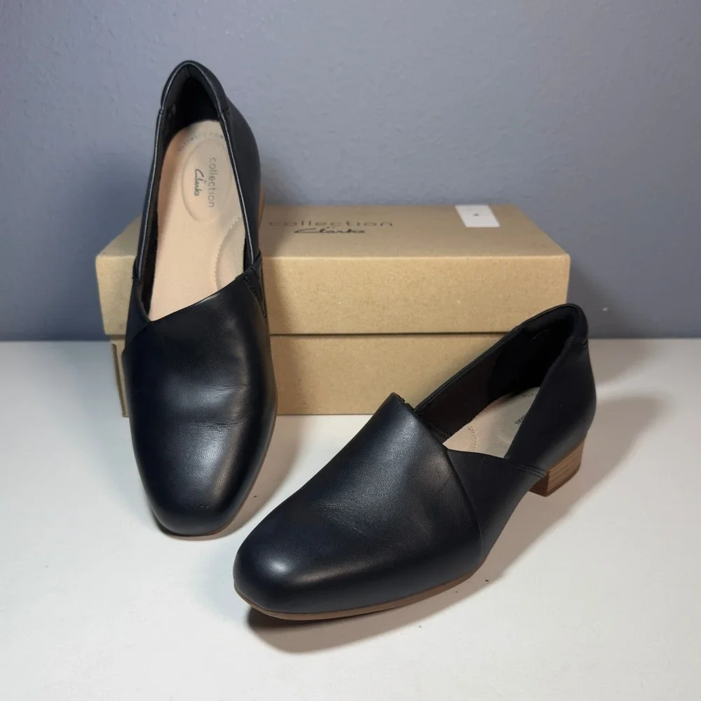 Clarks Collection Loafers Womens 6.5 Black Excellent Leather Slip On Block Heel